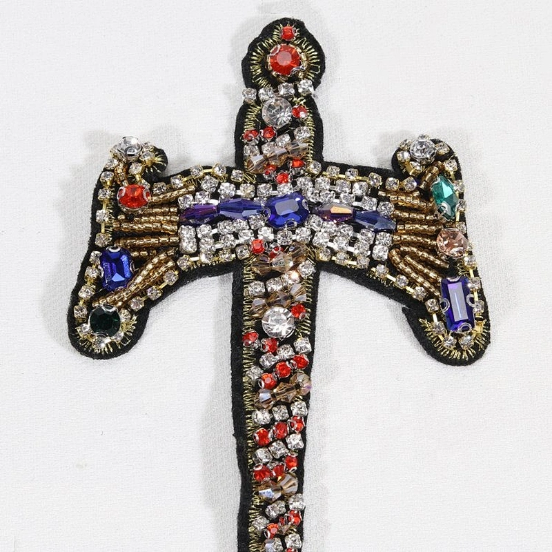 Handmade Beaded Cross Rhinestones Crystal Sword Design Patches Badge Applique Clothing Decorated Sewing Supplies