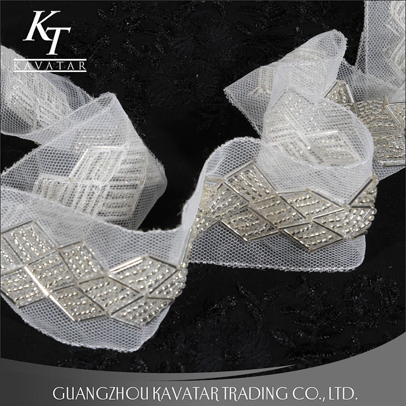 New product rhombus design white net trim plastic beaded lace trim