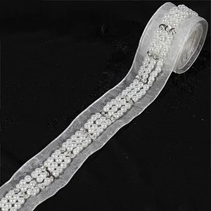 2018 Elegant Rhinestone Beaded Lace Trim Lace Ribbon,Pearl lace decorate tape