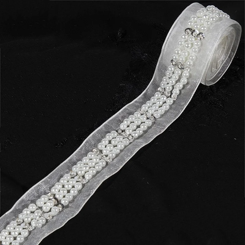 2018 Elegant Rhinestone Beaded Lace Trim Lace Ribbon,Pearl lace decorate tape