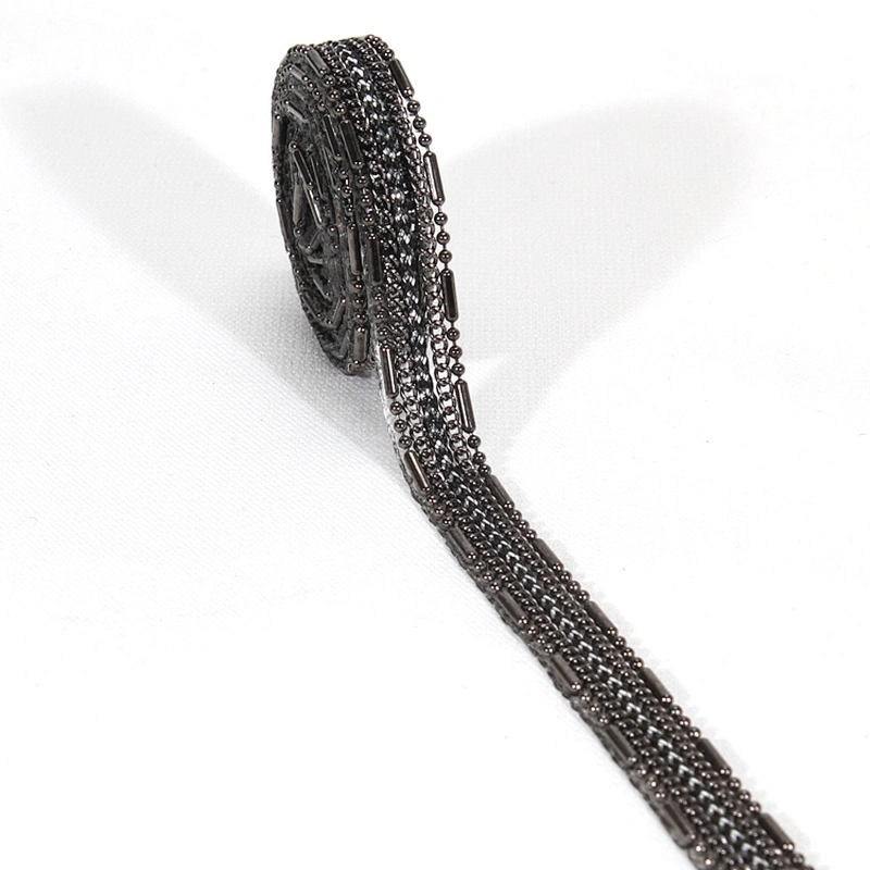 Wholesale Black Copper Chain Plastic Beaded Hotfix Webbing Trimming for Garments Sleeves Dresses Banding