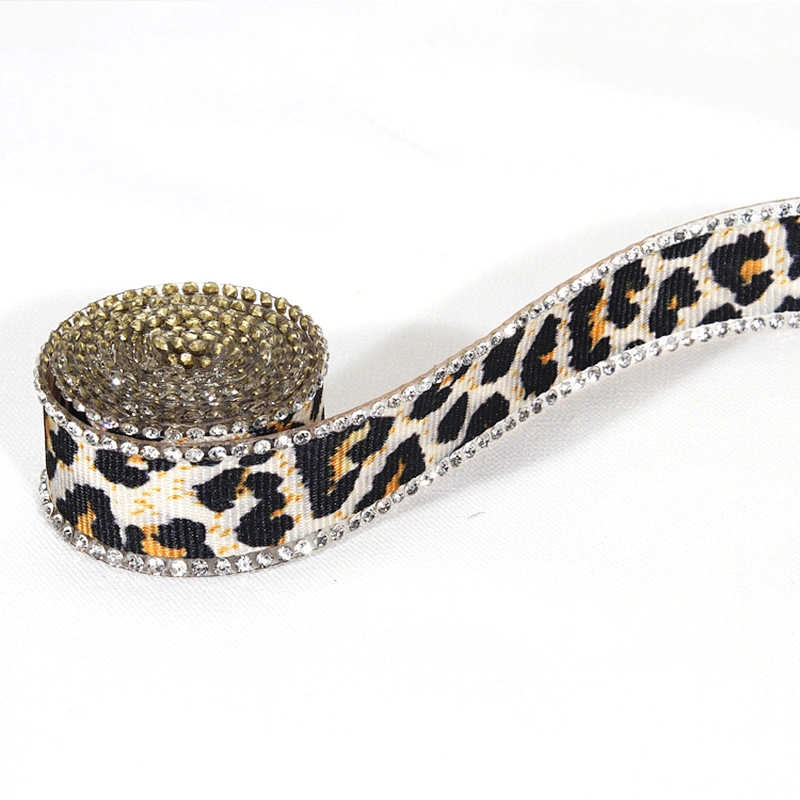 Wholesale 2cm Leopard Print Grosgrain Ribbon Rhinestone Border Hotfix Transfer Trim