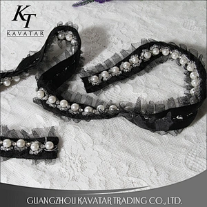 Hot Sell Black Ruffle Wave Lace Pearl Beaded Trim For Bride Wedding Dress