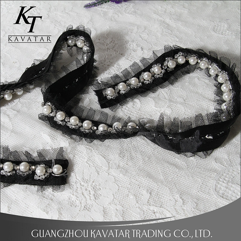 Hot Sell Black Ruffle Wave Lace Pearl Beaded Trim For Bride Wedding Dress