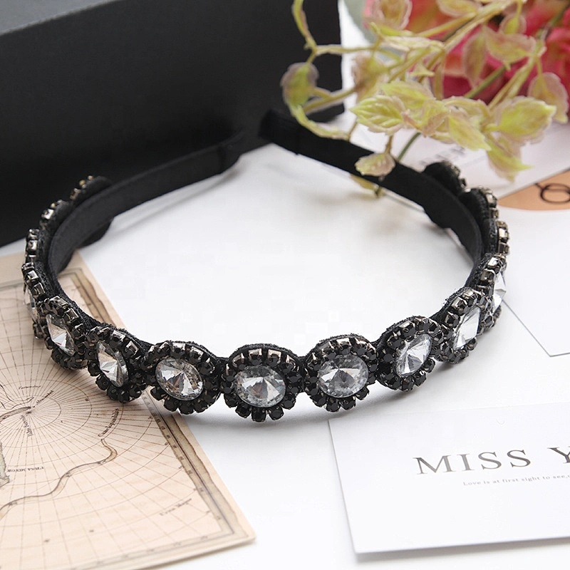 Wholesale Bead headband for women Crown Rhinestone Beaded Hairbands Korean headband Polyester headbands with buttons