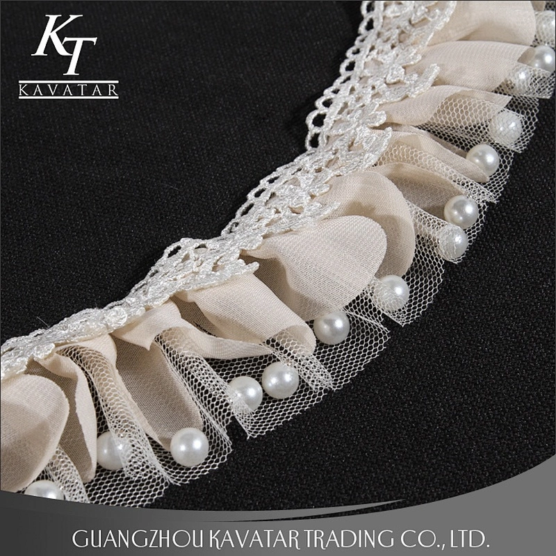 Pleated Lace Trim, Ruffle Trim, Pearl Lace Trim for Bridal Gowns Lace