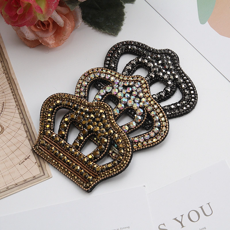 wholesale Sew on patches AB color hotfix patches crown patch applique 3d rhinestones CANVAS