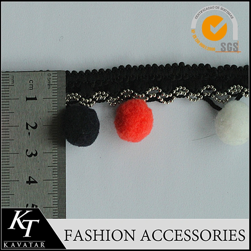 Ladies lace top latest design Copper chain multicolour pom pom trim for clothes