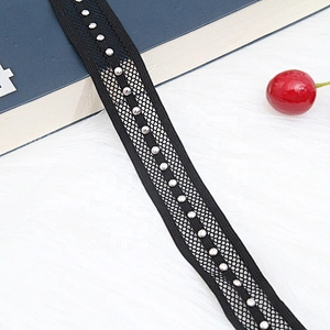 black beaded ribbon trim lace fabric handmade beads  Design Lace Trims Rivet Mesh Trim Copper Beads Ribbon