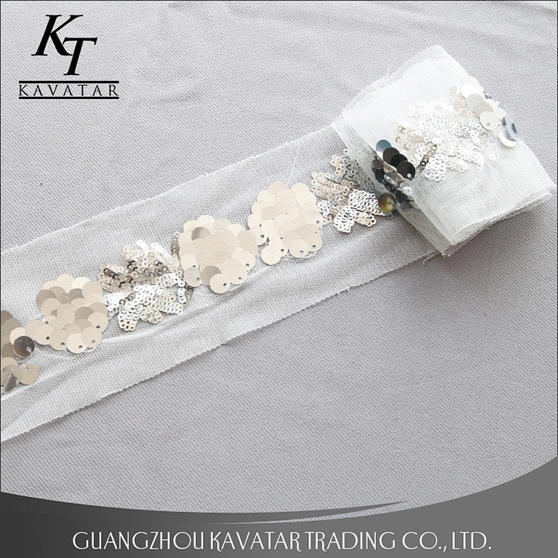 Beautiful Shape Sequin Sew On Black Mesh Flower Ribbon Trim For Decorative Dress
