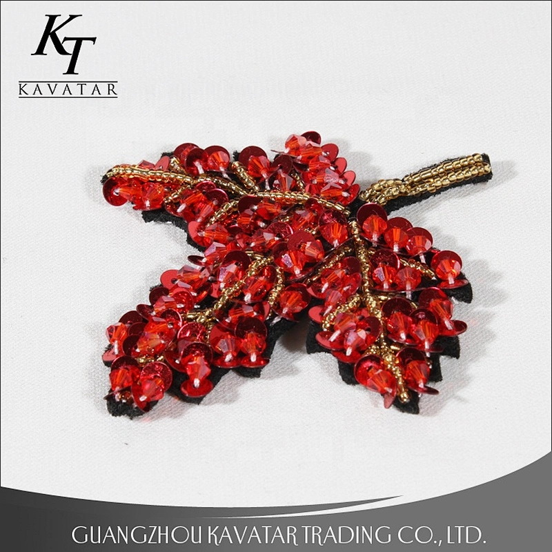 Red maple leaf design beading sequin patches for decorative garment bag