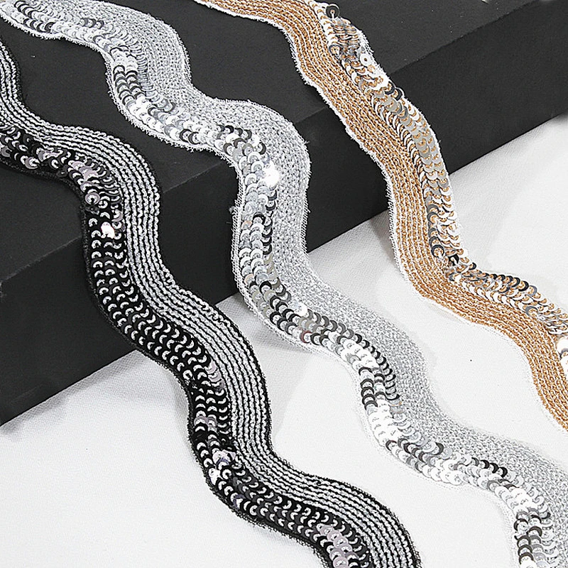 Unique Bullion Embroidery Wavy Sequin Mesh Lace Trim for Clothes Dresses