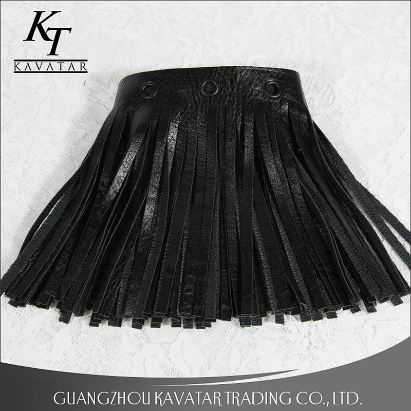 Kavatar Black Faux Leather Eyelets Tassels Fringe Trim Ribbon