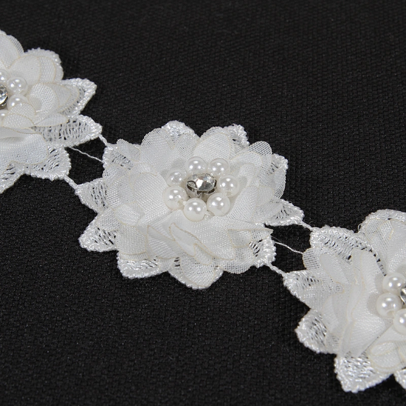 Kavatar supply polyester beaded flower lace trim for dress