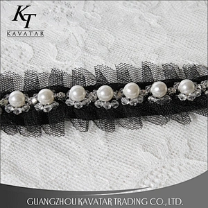 Hot Sell Black Ruffle Wave Lace Pearl Beaded Trim For Bride Wedding Dress
