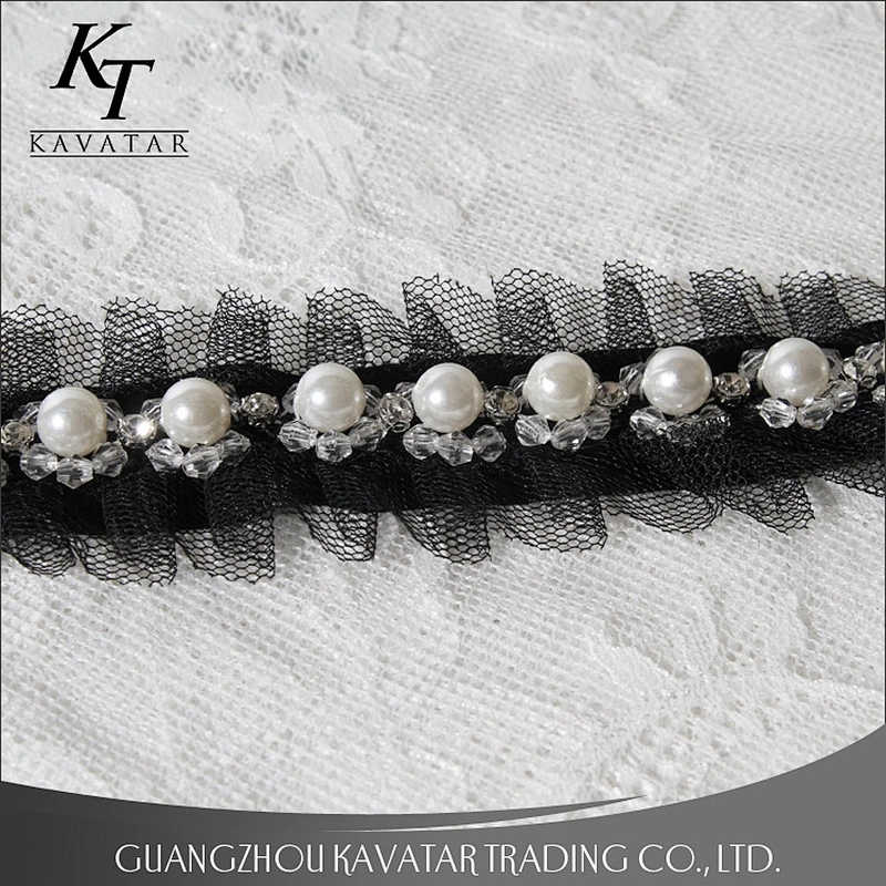Hot Sell Black Ruffle Wave Lace Pearl Beaded Trim For Bride Wedding Dress