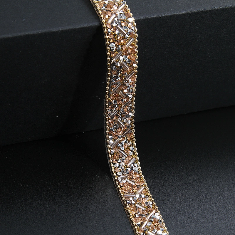 Kavatar Wholesale Glass Gold Chain Trim Fashion Styles Sewing Tube rhinestone trim rolls,colorful hotfix Iron on Trims