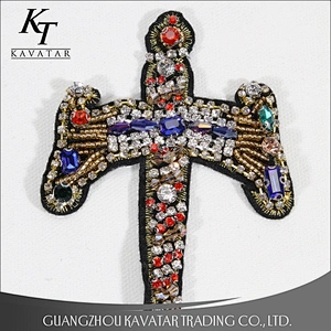 Handmade Beaded Cross Rhinestones Crystal Sword Design Patches Badge Applique Clothing Decorated Sewing Supplies