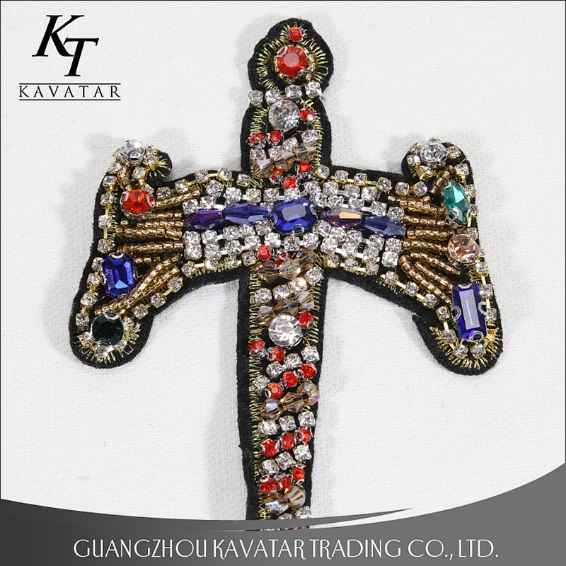 Handmade Beaded Cross Rhinestones Crystal Sword Design Patches Badge Applique Clothing Decorated Sewing Supplies
