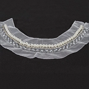 Kavatar Pearl Rhinestone Sew On White Mesh Neckline Trim For garment