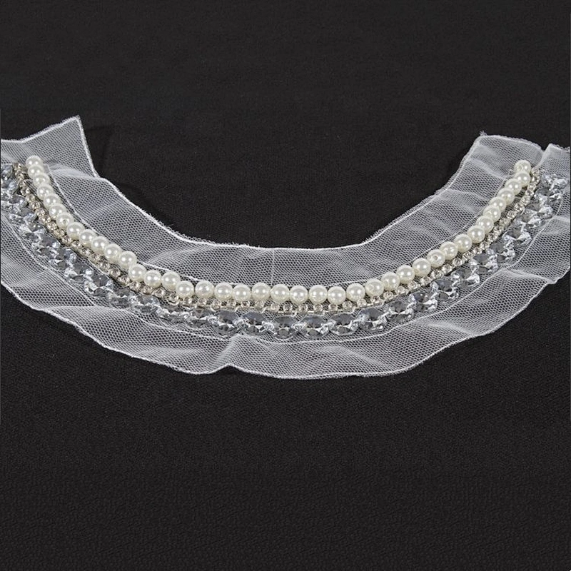 Kavatar Pearl Rhinestone Sew On White Mesh Neckline Trim For garment