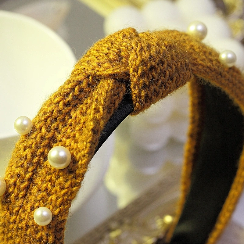 Winter simple pure handmade sweater pearl hairband web celebrity fashion style headband hair accessories knitted crochet pattern
