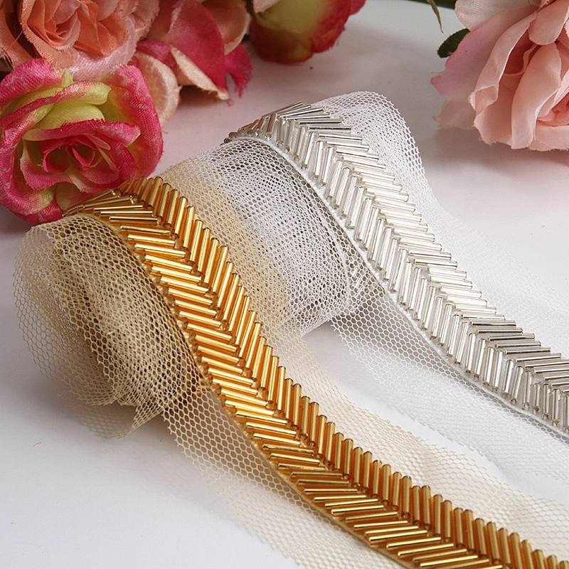 Gold and crystal white handmade sewing bead ribbon trimmings for garment