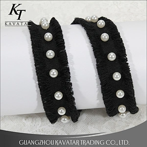 Hot selling custom wholesale black polyester ribbons with pearl trim for decoration