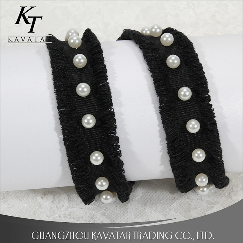 Hot selling custom wholesale black polyester ribbons with pearl trim for decoration