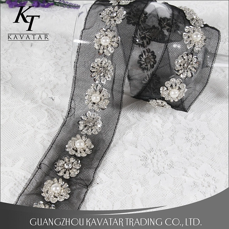 Sequins Rhinestone Beaded Trim Flower Shape Design Lace trim Tape