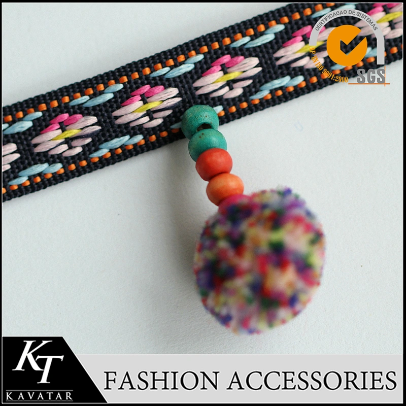 Wholesale ethnic Style cotton/polyester pom pom & beaded fringes for garments ,bags and curtain,pom material