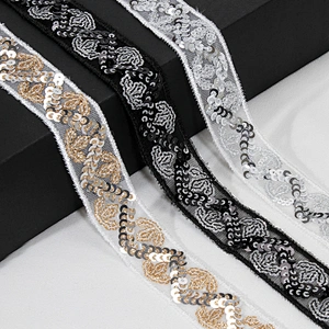 Stock Chic Embroidery Maple Leaf Design Sequin Beaded Tulle Lace Trim