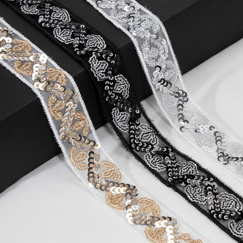 Stock Chic Embroidery Maple Leaf Design Sequin Beaded Tulle Lace Trim