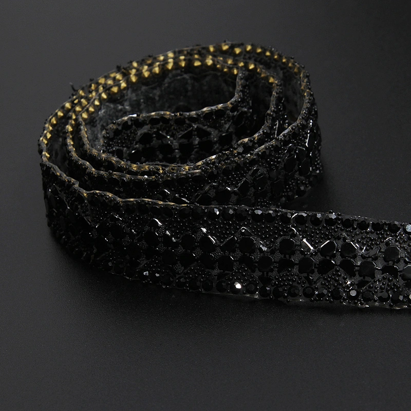 Kavatar Wholesale Hotfix Rhinestone Mesh Trimming Fashion For Clothing Hotfix Motif Designs Banding Trim Black Iron on Trims