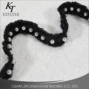 Hot selling custom wholesale black polyester ribbons with pearl trim for decoration