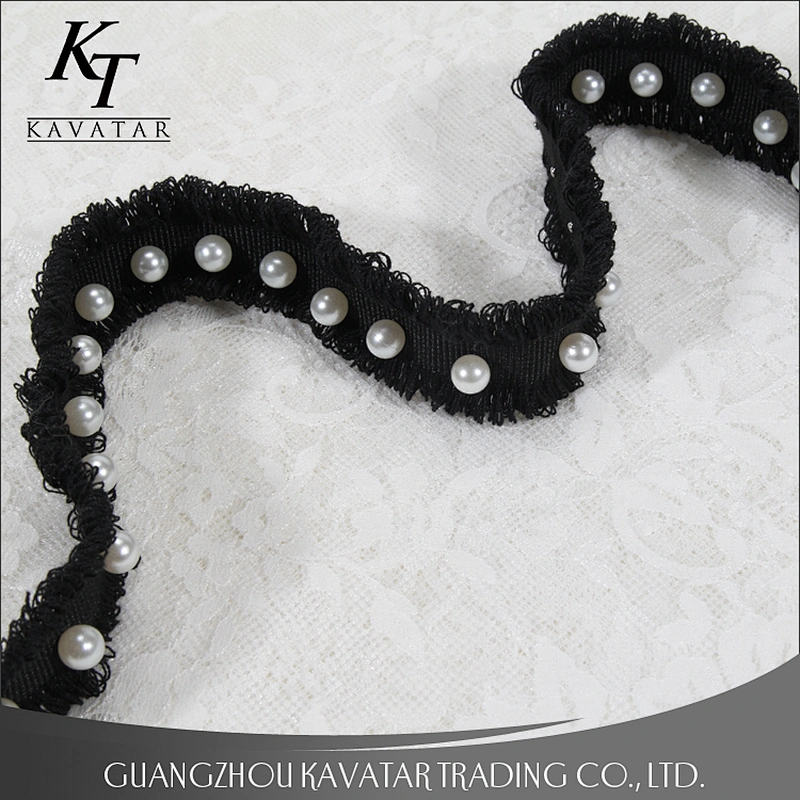 Hot selling custom wholesale black polyester ribbons with pearl trim for decoration