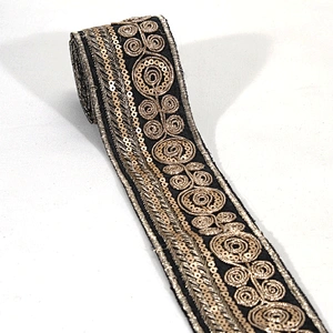 Black Bullion Embroidery Floral Pattern Sequin Beaded Mesh Lace Tape for Clothing Dresses Hats