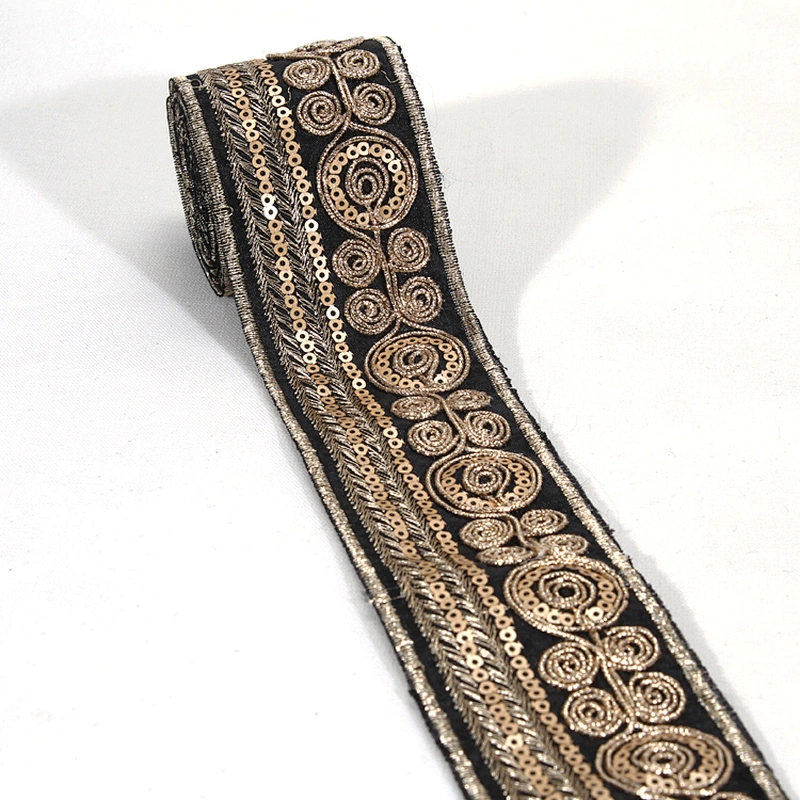 Black Bullion Embroidery Floral Pattern Sequin Beaded Mesh Lace Tape for Clothing Dresses Hats