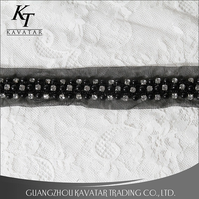 Accessories Claw Rhinestone Black Pearl Beaded Sew On Mesh Lace Trim For Garment