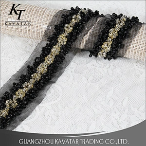High quality black beaded lace mesh tape with crystal sewed handmade