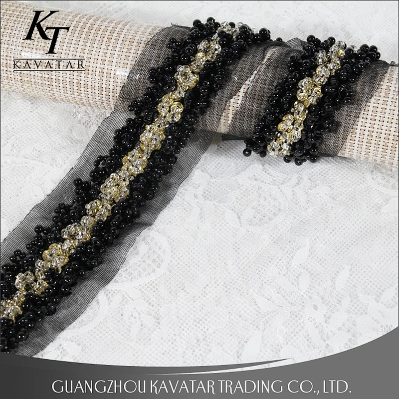 High quality black beaded lace mesh tape with crystal sewed handmade