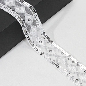 4cm Black Mesh Lace Base Handmade Embroidery Sequin Trim for Clothing