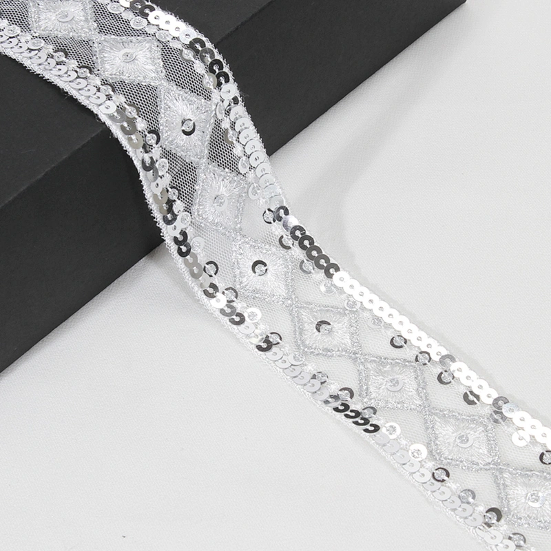 4cm Black Mesh Lace Base Handmade Embroidery Sequin Trim for Clothing