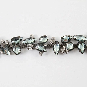 Leaves Rhinestone Chain Trim Ribbon Grey Diamond Crystal Applique Hair Accessory Bridal Sash Sewing on Wedding Dress Decor
