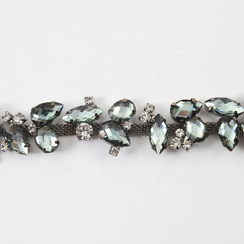 Leaves Rhinestone Chain Trim Ribbon Grey Diamond Crystal Applique Hair Accessory Bridal Sash Sewing on Wedding Dress Decor