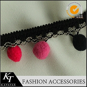 Ladies lace top latest design Copper chain multicolour pom pom trim for clothes