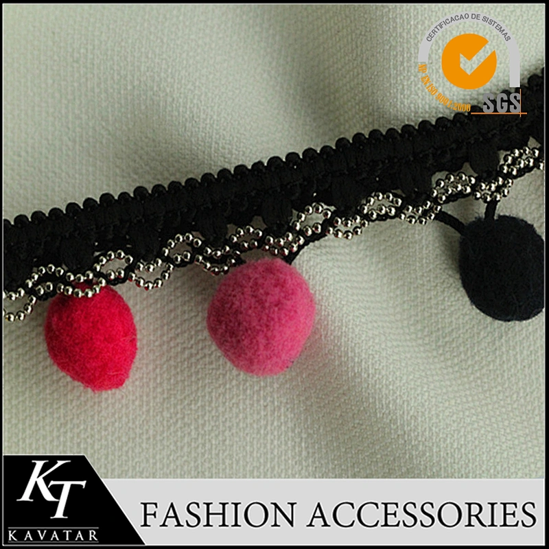 Ladies lace top latest design Copper chain multicolour pom pom trim for clothes