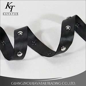Black artificial leather trim ribbon tapes decoration with Copper rivet beads for garment and bag