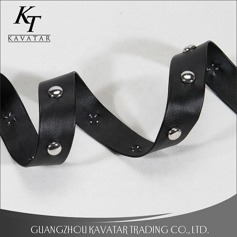 Black artificial leather trim ribbon tapes decoration with Copper rivet beads for garment and bag