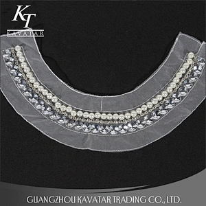 Kavatar Pearl Rhinestone Sew On White Mesh Neckline Trim For garment